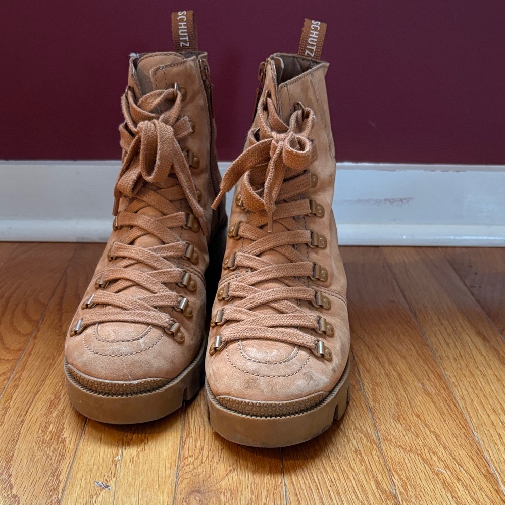 SCHUTZ Camel Lace-Up Ankle Boots